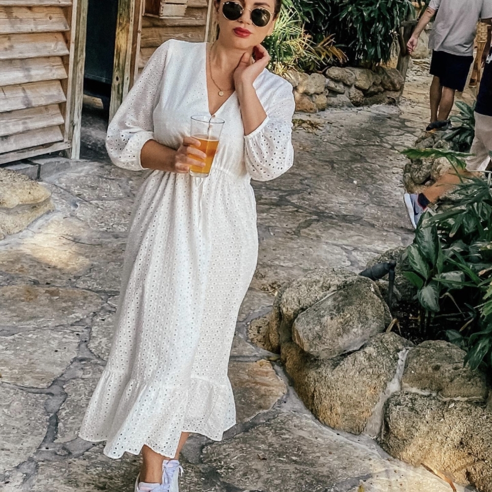 ZARA $89 NWT EMBROIDERED MIDI DRESS WHITE S
